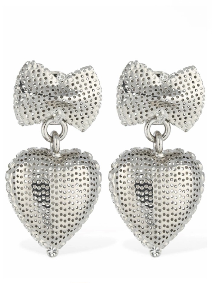 Alessandra Rich Bow Heart Pendant Silver Perforated Dangle Clip On Earrings